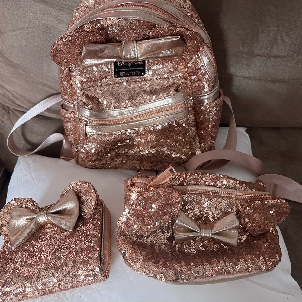 Disney Rose Gold Sequin Backpack, Wallet and Waist Bag Set